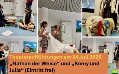 Einladung zur Werkschau der Theatergruppen am Schiller-Gymnasium am 4. Juli in der Bergdorfhalle: „Nathan der Weise“ und „Romy und Julia“ (Eintritt frei)